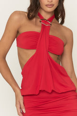 Red Trim Detail Halterneck Mini Dress - Yazmina