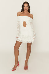 White Lace Bardot Frill Detail Mini Dress - Katleen