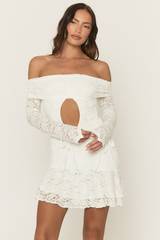 White Lace Bardot Frill Detail Mini Dress - Katleen