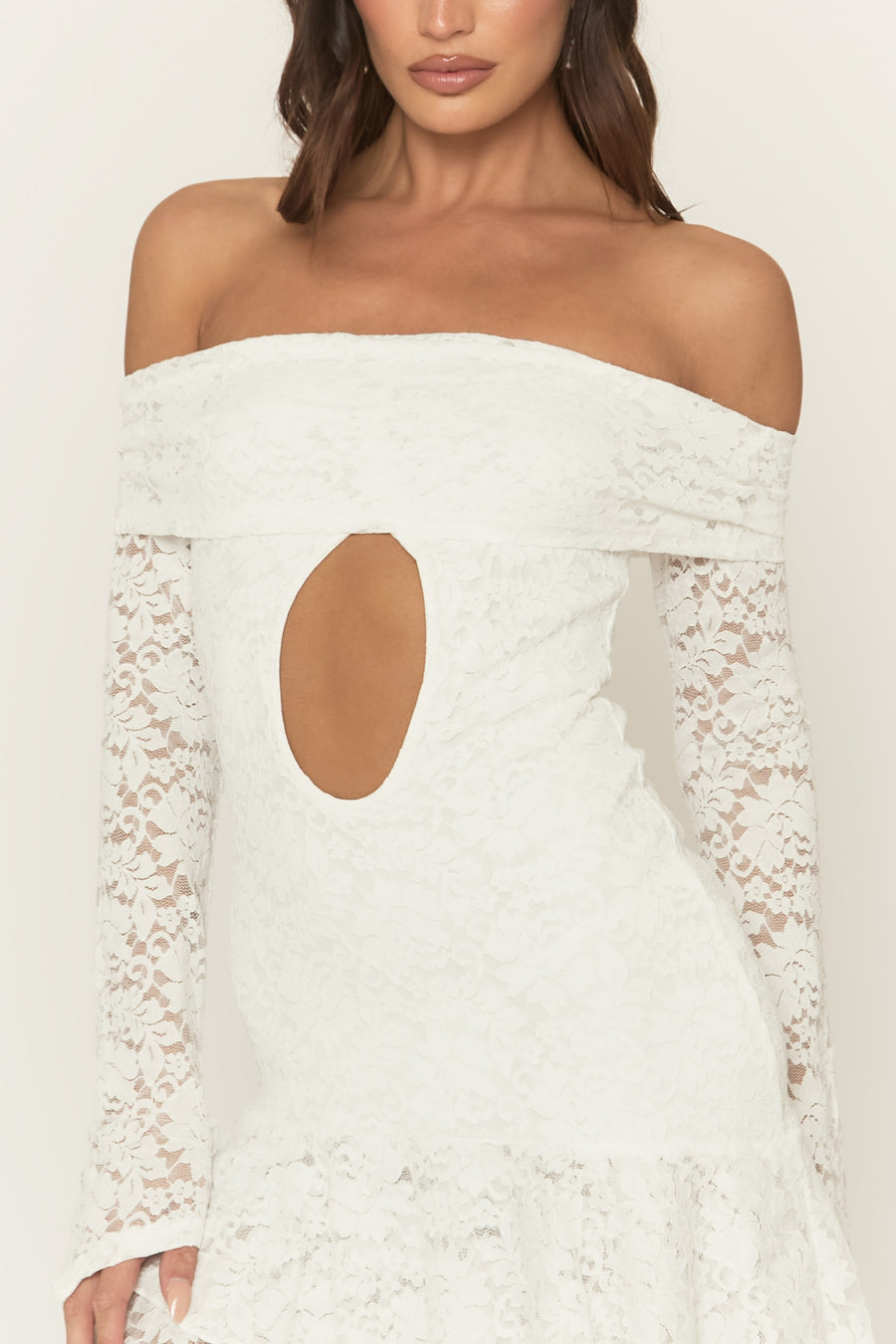 White Lace Bardot Frill Detail Mini Dress - Katleen