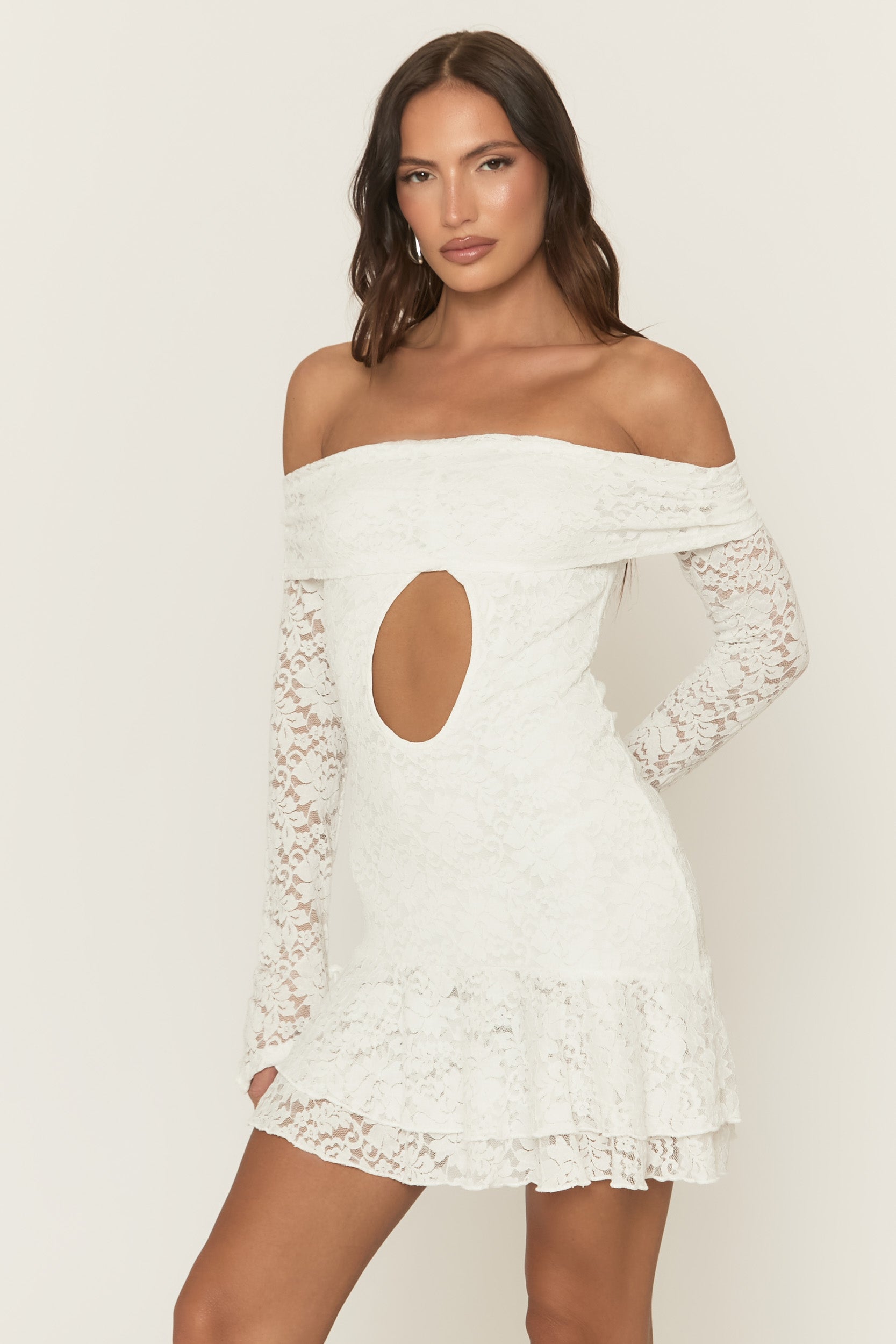 White Lace Bardot Frill Detail Mini Dress | Dresses | Rebellious Fashion White Lace Bardot Frill Detail Mini Dress | Dresses | Rebellious Fashion
