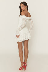 White Lace Bardot Frill Detail Mini Dress - Katleen