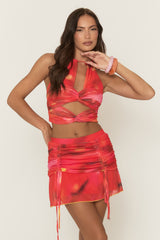 Red Printed Twist Front Halterneck Top and Ruched Mini Skirt Co-Ord - Andraya