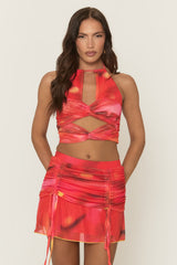 Red Printed Twist Front Halterneck Top and Ruched Mini Skirt Co-Ord - Andraya