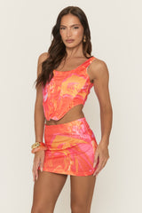 Orange Printed Boned Corset Top and Mini Skirt - Rosetta