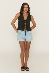 Black Linen Look Tie Front Top - Ashleen