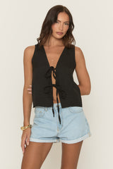 Black Linen Look Tie Front Top - Ashleen