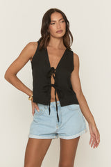 Black Linen Look Tie Front Top - Ashleen