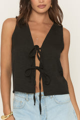 Black Linen Look Tie Front Top - Ashleen