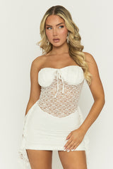 White Lace Semi Sheer Ruffle Mini Dress - Mildren