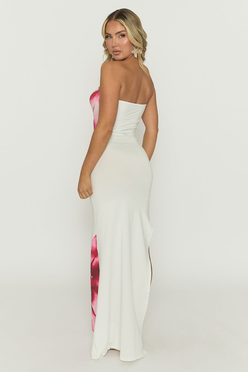 White Bandeau Floral Print Maxi Dress - Simina