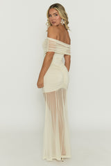 Ivory Mesh Ruched Front Bardot Maxi Dress - Juanna