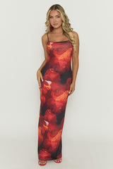 Red Dark Floral Print Strappy Maxi Dress - Prema