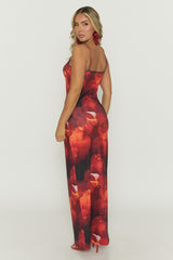 Red Dark Floral Print Strappy Maxi Dress - Prema