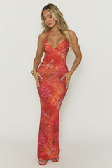 Red Printed Cut Out Maxi Dress - Allea