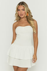 White Textured Frill Hem Bandeau Mini Dress - Kassey