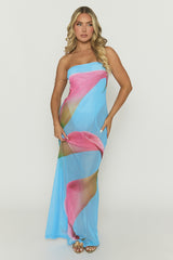 Blue Floral Semi Sheer Mesh Maxi Dress - Brogen