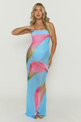 Blue Floral Semi Sheer Mesh Maxi Dress - Brogen