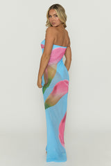 Blue Floral Semi Sheer Mesh Maxi Dress - Brogen