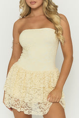 Butter Yellow Lace Ruffle Bandeau Skort Playsuit - Lenia