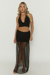 Black Plunge Neck Cropped Top & Maxi Skirt Co-ord Set - Ashlea