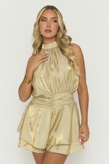Beige High Neck Blouson Playsuit - Kaycee