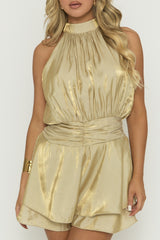 Beige High Neck Blouson Playsuit - Kaycee