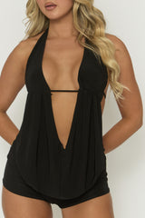 Black Slinky Plunge Top and Micro Short Co-ord Set - Lenisse