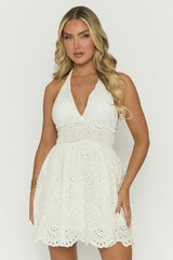 White Broderie Halterneck Skater Dress - Noori