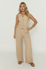 Beige Crinkle Waistcoat and Wide Leg Trouser Co-ord Set - Oslo