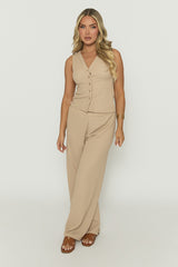 Beige Crinkle Waistcoat and Wide Leg Trouser Co-ord Set - Oslo