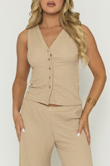 Beige Crinkle Waistcoat and Wide Leg Trouser Co-ord Set - Oslo