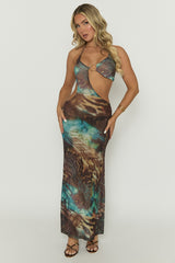 Brown Multi Printed Ring Detail Cut Out Halterneck Maxi Dress - Taitum