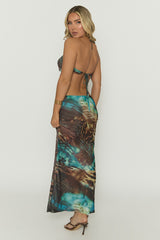 Brown Multi Printed Ring Detail Cut Out Halterneck Maxi Dress - Taitum