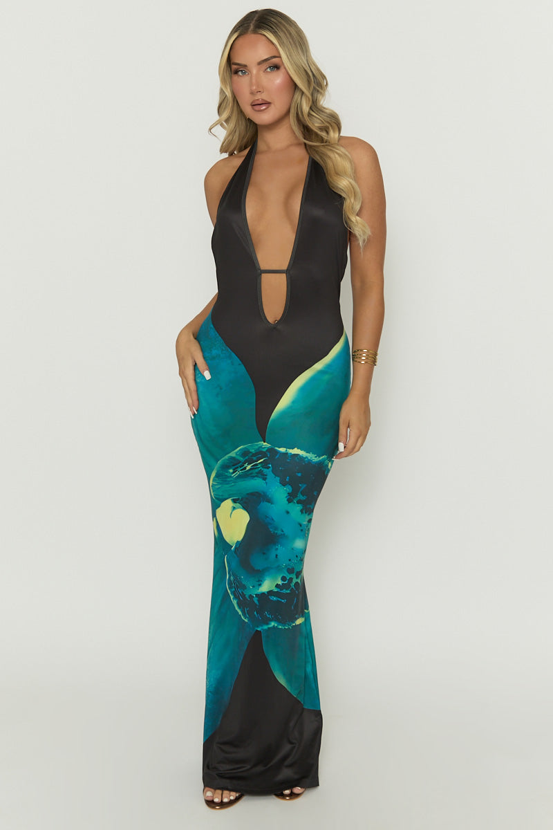 Black Floral Print Plunge Halterneck Maxi Dress - Arella
