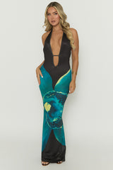Black Floral Print Plunge Halterneck Maxi Dress - Arella