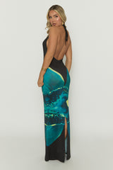 Black Floral Print Plunge Halterneck Maxi Dress - Arella
