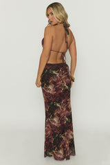 Brown Printed Mesh Gold Trim Maxi Dress - Elsae
