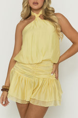 Butter Yellow Halterneck Ruffle Playsuit - Khalia