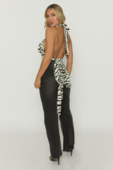 White Zebra Tie Back Halter Plunge Top - Vella
