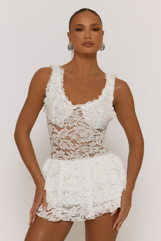 White Lace Ruffle Tiered Playsuit - Marjorie