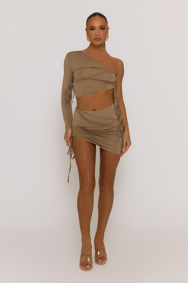 Grey Ruched One Sleeve Crop Top Mini Skirt Co-ord - Chicago