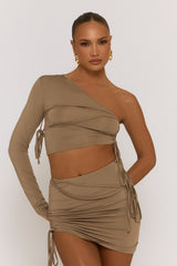 Grey Ruched One Sleeve Crop Top Mini Skirt Co-ord - Chicago