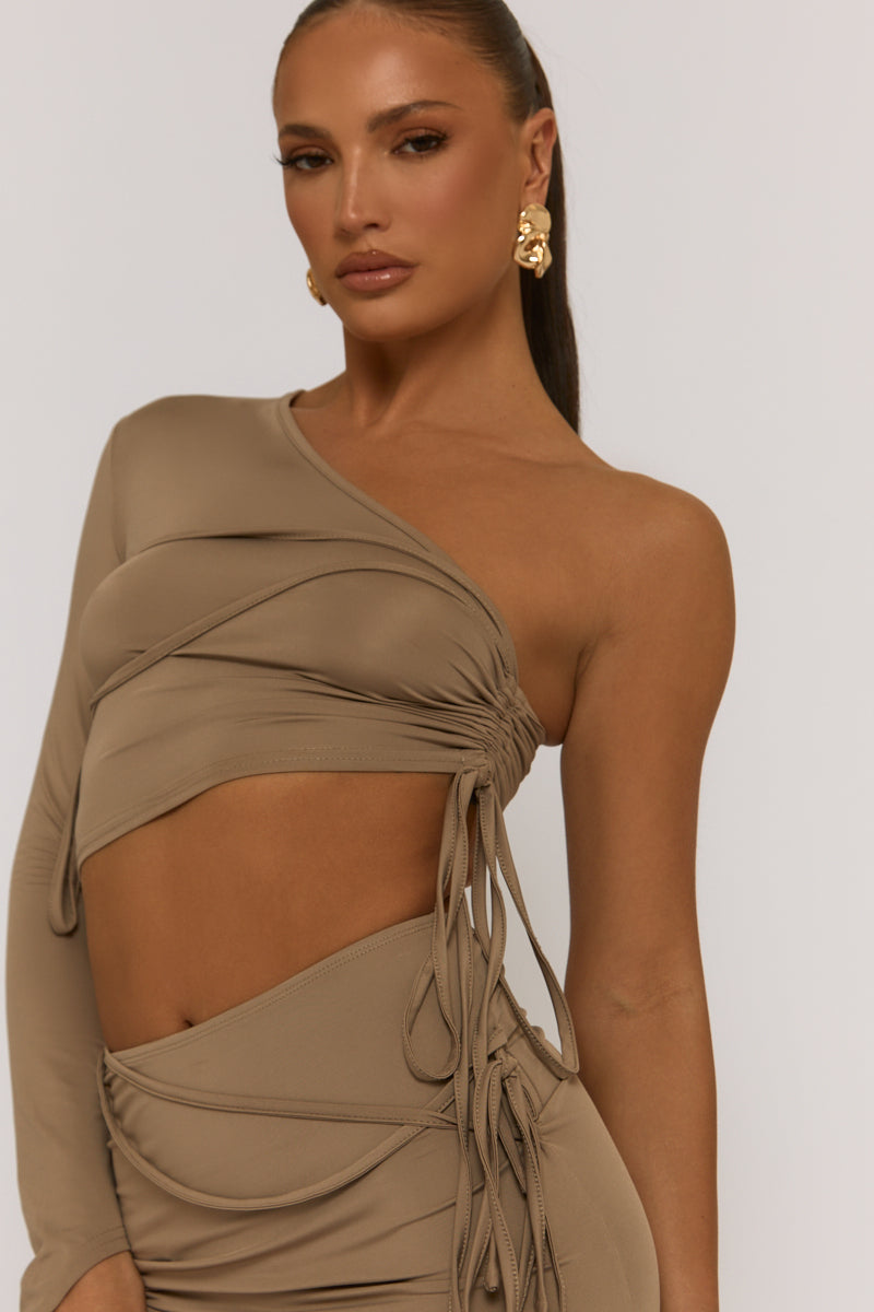 Grey Ruched One Sleeve Crop Top Mini Skirt Co-ord - Chicago