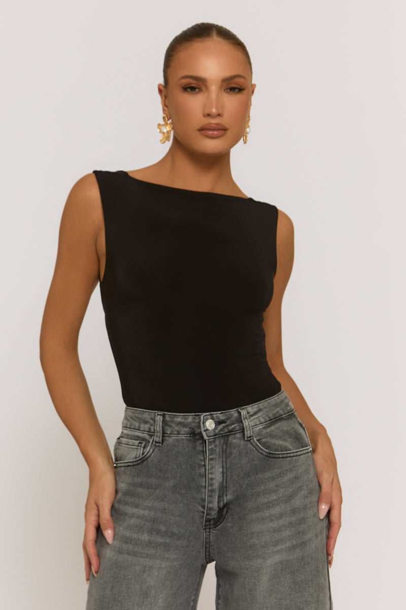 Black Slash Neck Open Back Bodysuit - Aliona