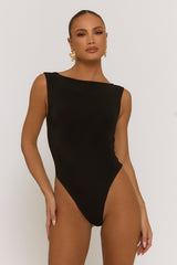 Black Slash Neck Open Back Bodysuit - Aliona