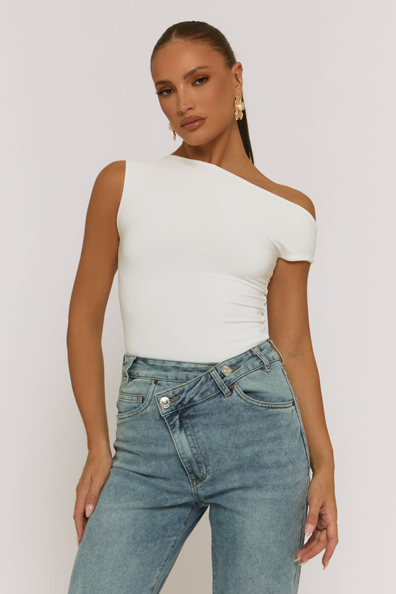 White Asymmetric Off Shoulder Bodysuit - Misba