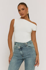 White Asymmetric Off Shoulder Bodysuit - Misba