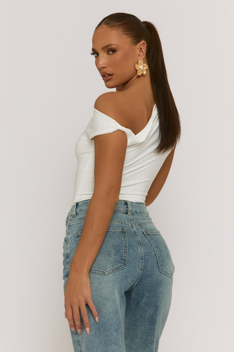 White Asymmetric Off Shoulder Bodysuit - Misba