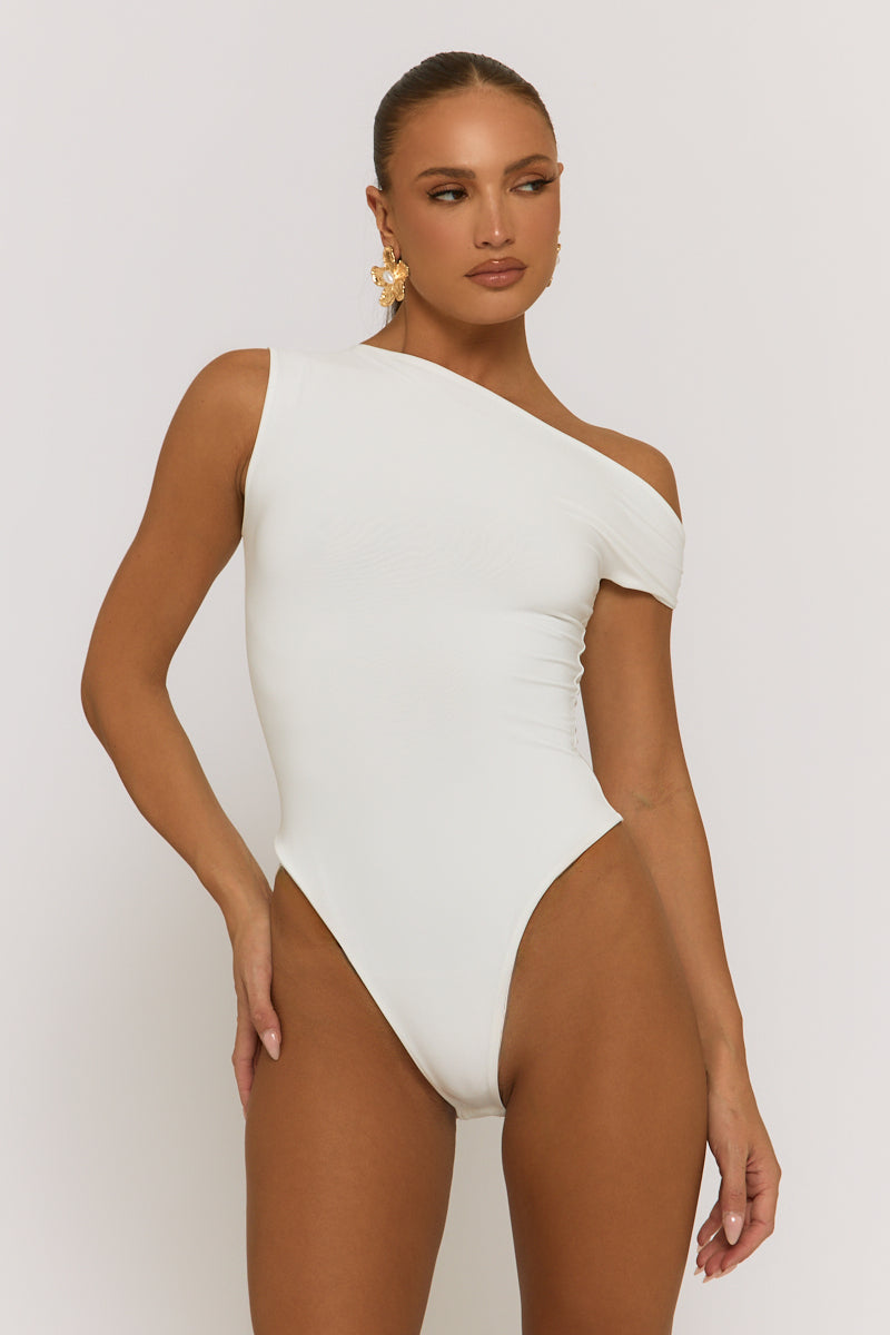 White Asymmetric Off Shoulder Bodysuit - Misba